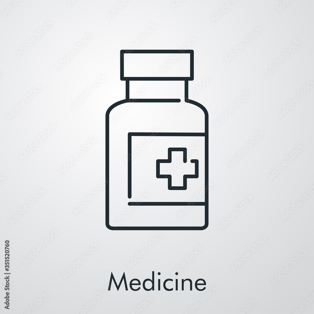 Icono plano lineal bote de medicina en fondo gris Icono plano lineal bote de medicina en fondo gris