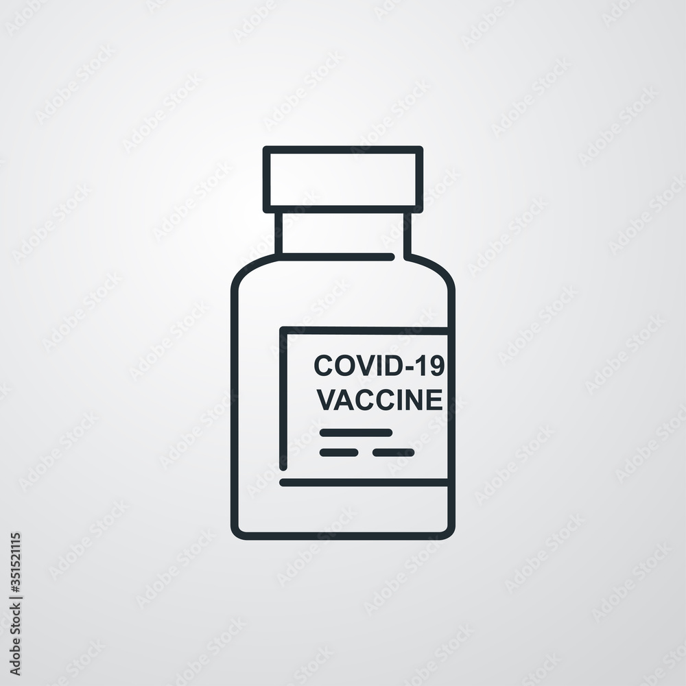 Símbolo vacuna. Icono plano lineal ampolla de vacuna con texto VACCINE COVID-19 en fondo gris