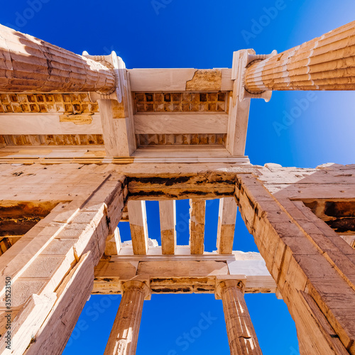 Athens Acropolis entrance  propylaea  ceiling and ionic style columns  Greece