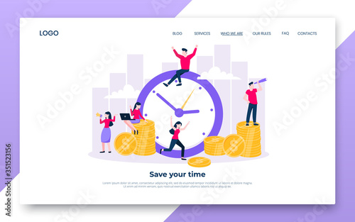 Time is money. Save time landing page concept flat style vector illustration isolated on white background. Financial investment and marketing planning of money growth with US coin, big clock, people.