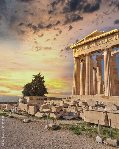 Parthenon antique temple and scenic sunset on Acropolis of Athens Greece