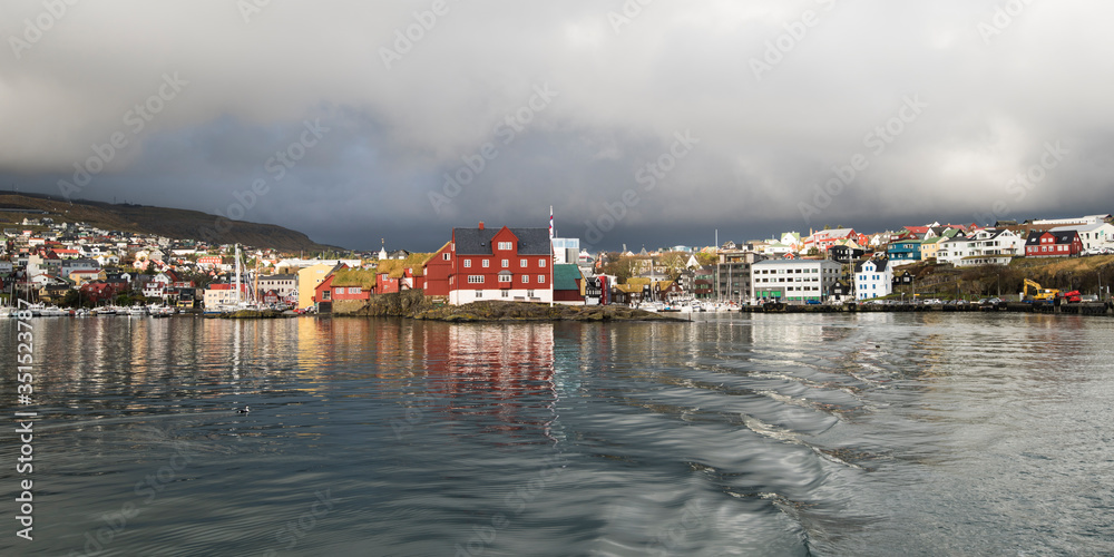 View of Torshavn from the water on a boat