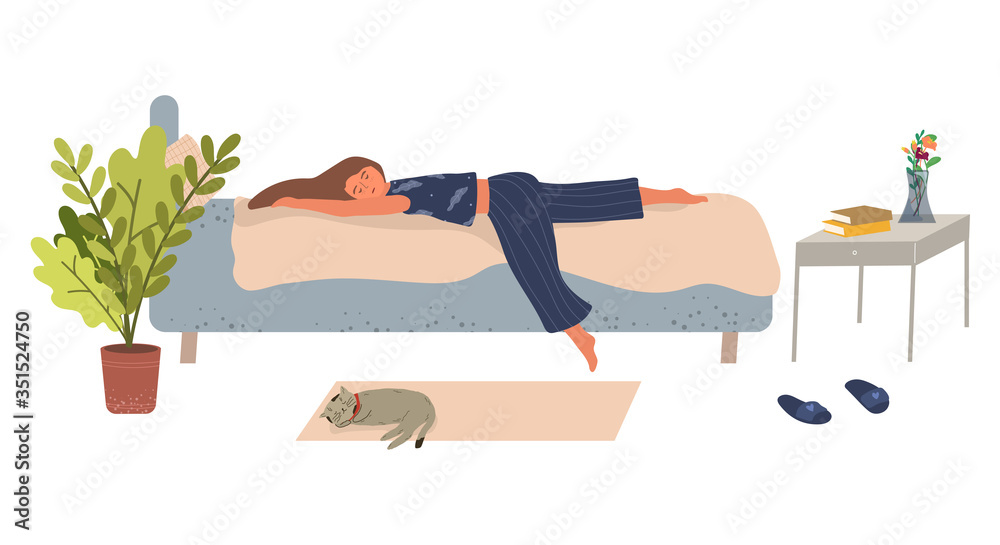 Young woman lies on the bed and sleeps vector illustration in flat style.  The concept of