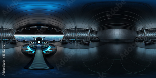 Fototapeta Naklejka Na Ścianę i Meble -  High resolution HDRI view of a dark blue futuristic landing strip spaceship interior. 360 panorama reflection mapping of a huge shed interior 3D rendering