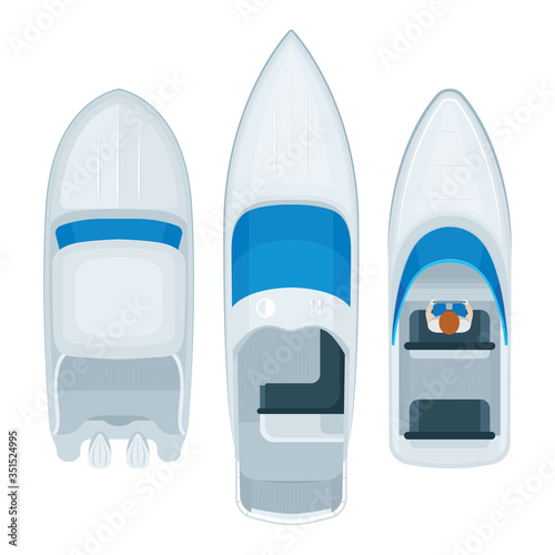 Speed boats top view. Sped boats top aerial view realistic vector illustrations set. Part of set. 