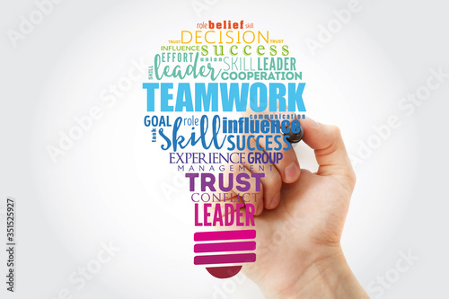 Teamwork light bulb word cloud, business concept background