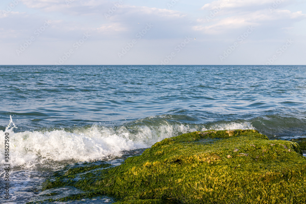 Big of natural breakwaters covered with algae. With blue sky and waves on background. Big of natural breakwaters covered with algae. With blue sky and waves on background.