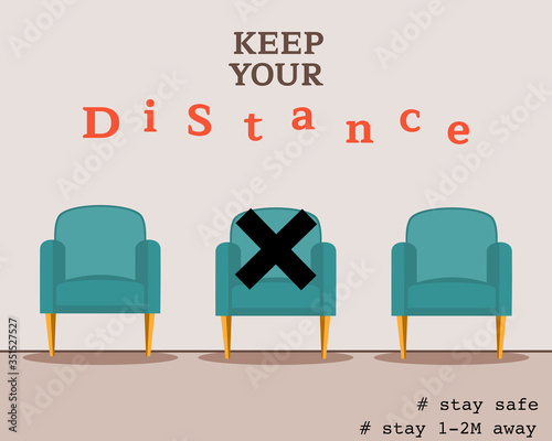 social distancing concept. Sitting distance apart on row of chairs. Banner, wallpaper.