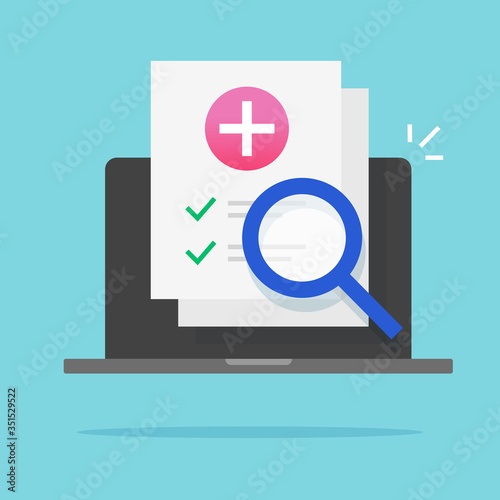 Medical computer diagnostic research document data or online medicine health care inspection vector flat cartoon, illustration of clinical digital health check with magnifier icon modern design image
