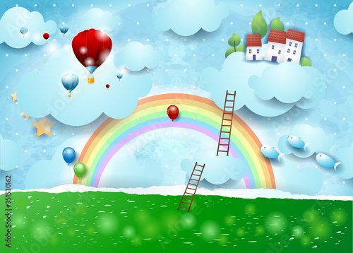 Paper landscape with clouds, stairways and flying village
