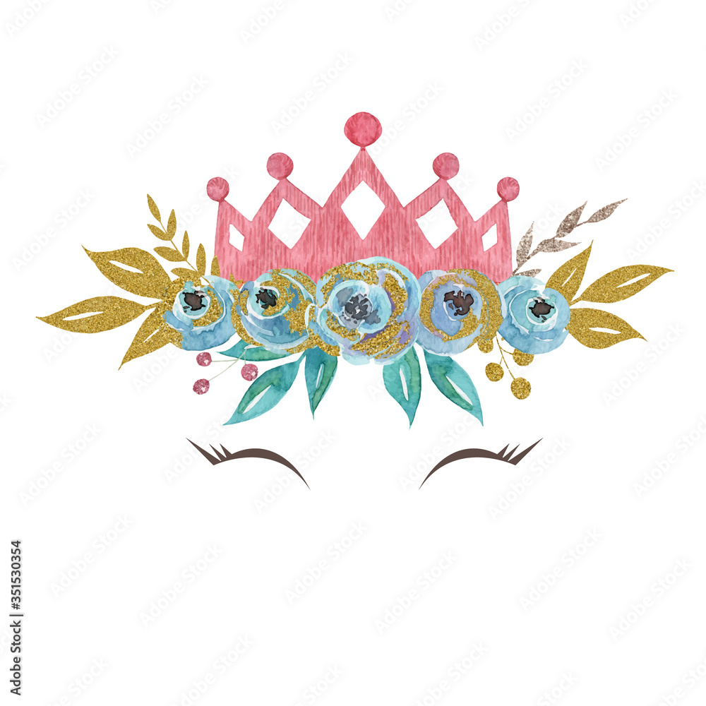 Hand drawn watercolor little princess crown with floral arrangement and ...