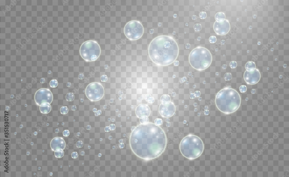 White beautiful bubbles on a transparent background vector illustration. Soap bubbles.