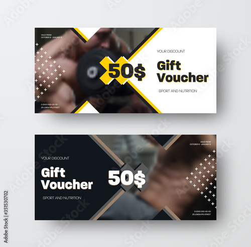 Presentation of design of a vector gift card on the theme of sports and nutrition, black and white voucher with crosses, discount coupon for products.