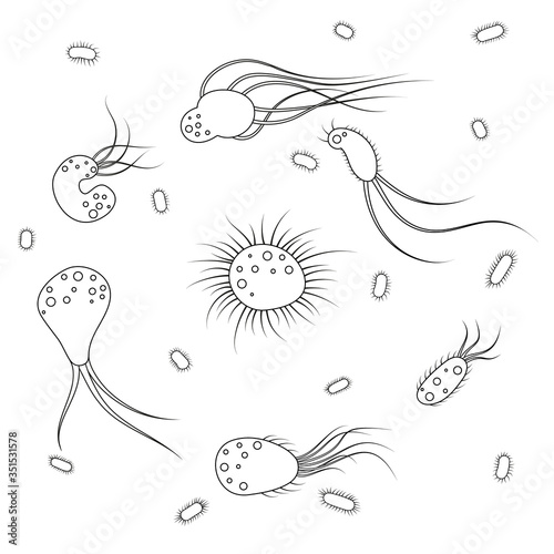 Icons of infectious bacteria and biological viruses. Flat cartoon illustration of microbes and bacteria. A microorganism and allergen pictured on a white background.