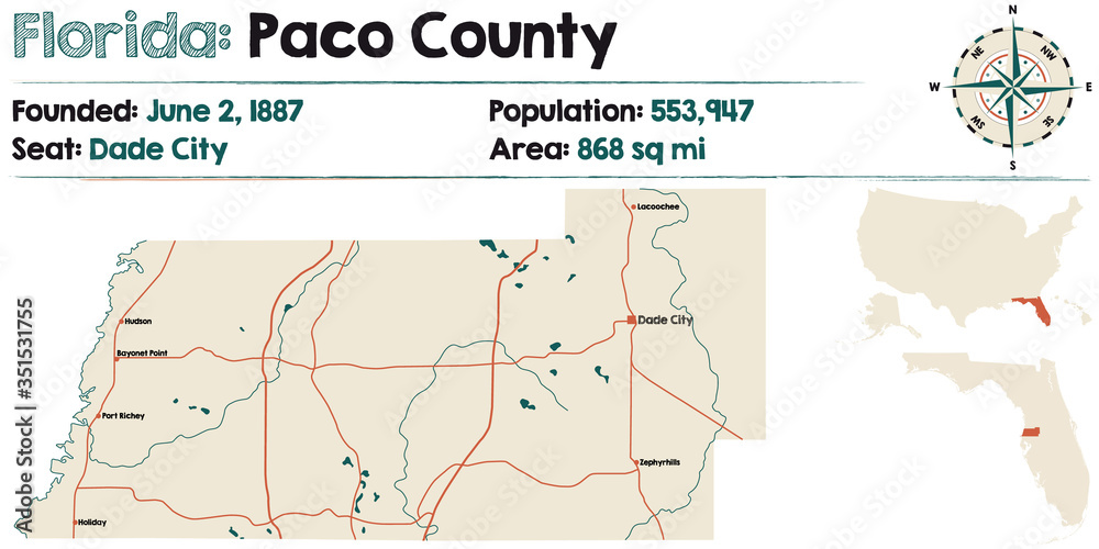 Large and detailed map of Paco county in Florida, USA.