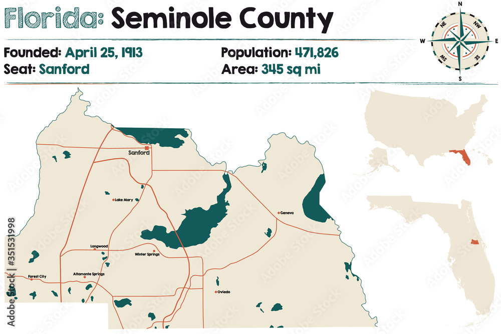 Large and detailed map of Seminole county in Florida, USA.