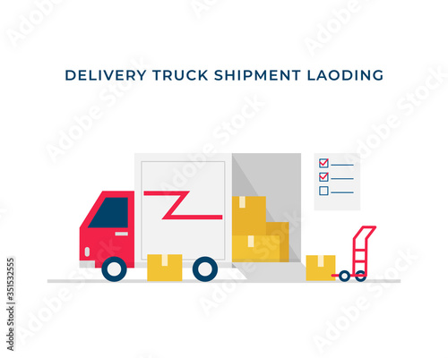 Delivery truck service with open storage box and package cardboard for shipment loading process vector flat illustration concept.