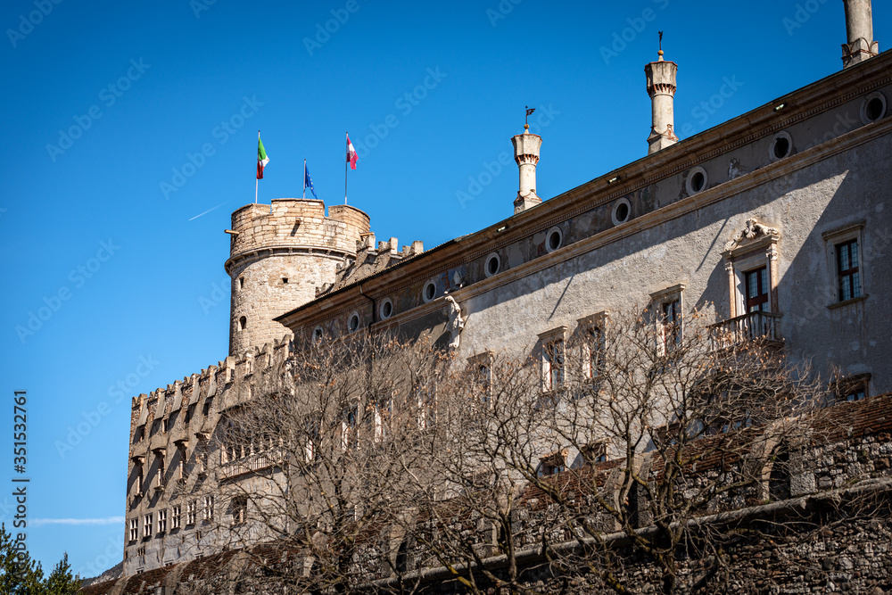 Medieval Castle of the Trento City with the tower called Torre di Augusto (Castello del Buonconsiglio or Castelvecchio, XIII-XVIII century), Trentino Alto Adige, Italy, Europe