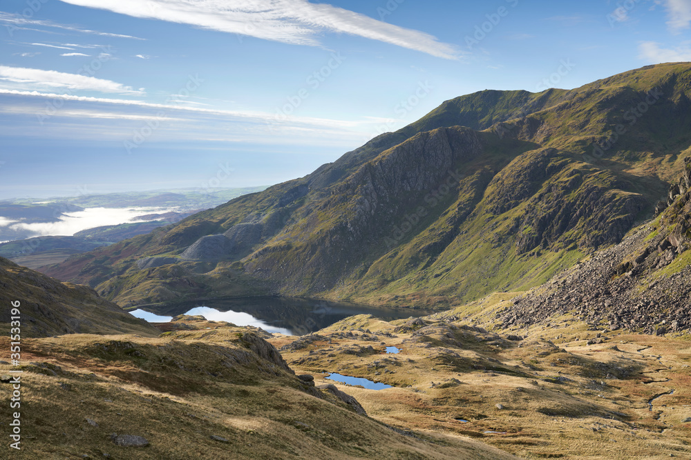 Summits of Old Man of Coniston, Brim Fell and Great How above Levers Water near Coniston on a sunny day in the Lake District.