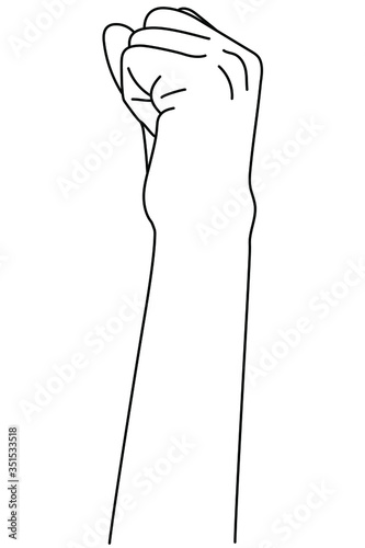 
Hand gesture in form of clenched fist. Concept of showing disobedience and solidarity in sign language. Vector illustration in outline style isolated on white background. 