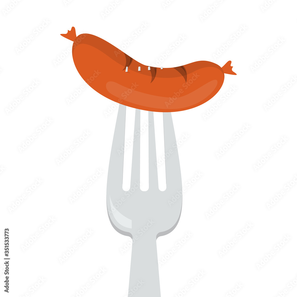 Sausage on the fork isolated. Element for cafe Sausage on the fork isolated. Element for cafe