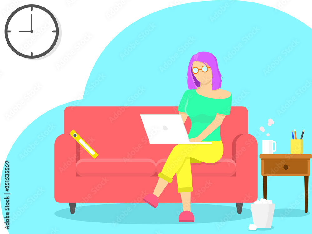 Work from home, Home office, study from home concept. Woman wear glasses siting on chair and working on laptop. Work from home, Home office, study from home concept. Woman wear glasses siting on chair and working on laptop.