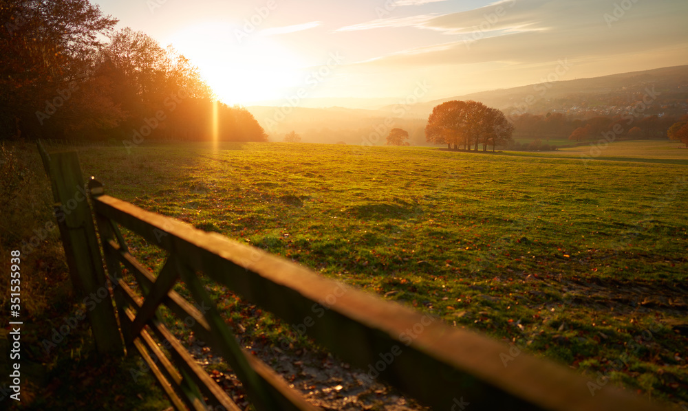 A closed gate at sunset over farmland, meadows and trees in autumn with golden brown leaves on the trees in England, UK.