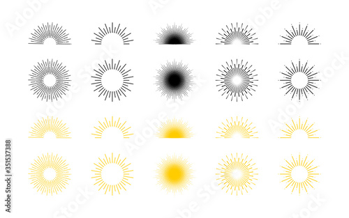 Sunburst and sunrise, line illustration. Sun rays collection. Sunburst. Sunrise. Sunburst or sunrise in flat design. Vector illustration