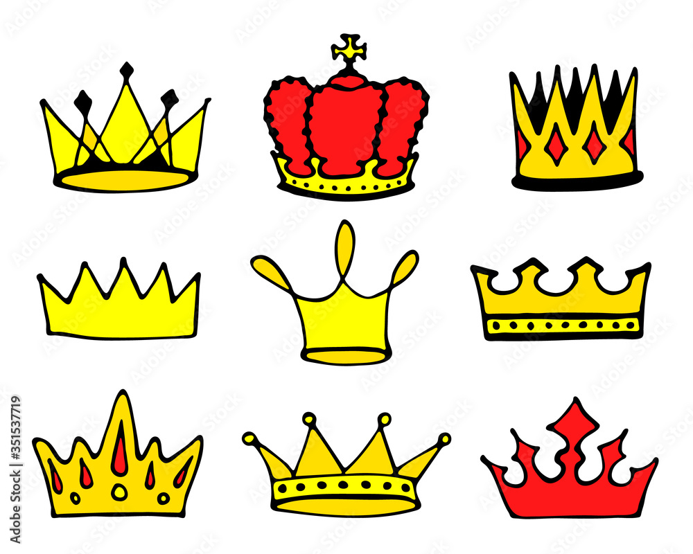 Crowns logo doodle collection. Hand drawn princess or queen crown icons ...
