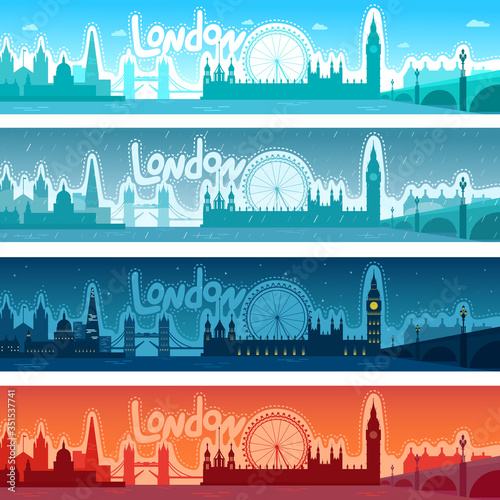 City horizontal panorama, sights of London. Different time of day, weather. Rain, fog, sunset, sunrise, night. UK landmarks. Silhouette monochrome panoramic banner design. 