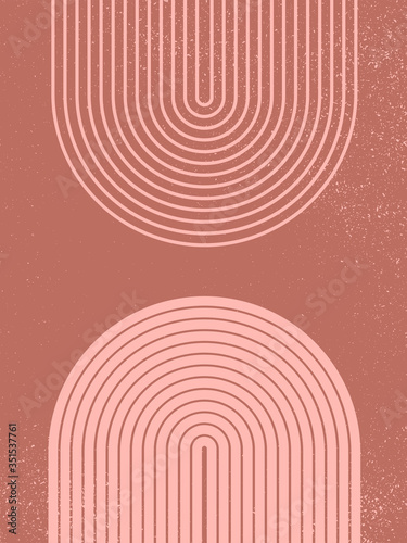 Abstract contemporary aesthetic background with geometric balance shapes, rainbow gates. Boho wall decor. Mid century modern minimalist neutral art print. Organic shape. Terracotta color, earth tone.