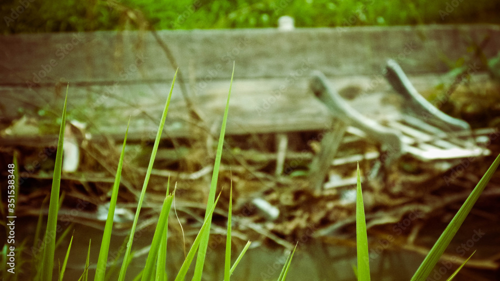 Plank with grass line and metal on ground Plank with grass line and metal on ground