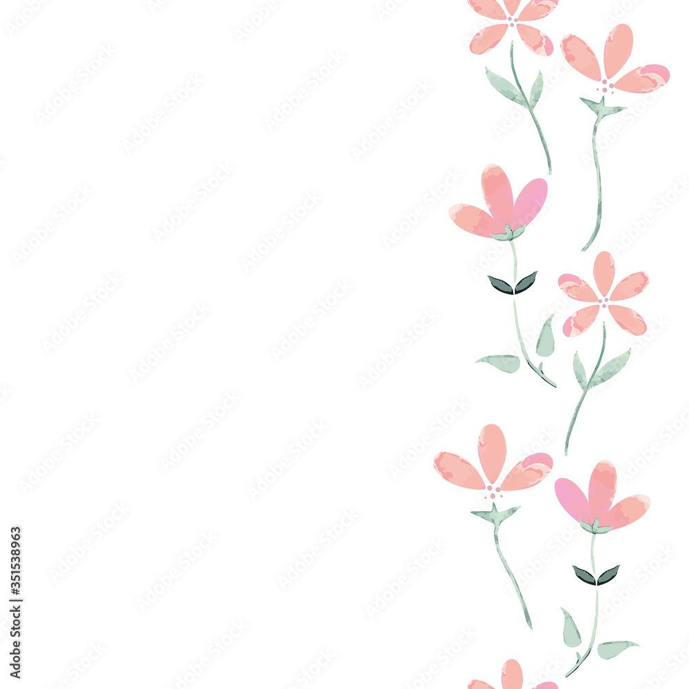 Vector Beautiful Pink Watercolor Wild Florals Seamless Chain Border. Perfect for invitations, scrapbooking and greeting cards.