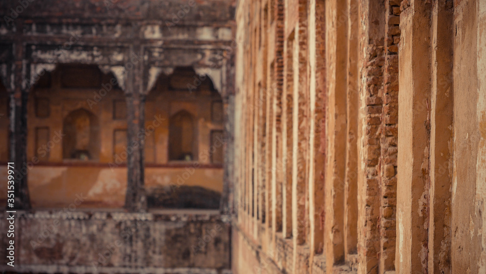 Rows of brick pillar windows and wooden pillars Rows of brick pillar windows and wooden pillars