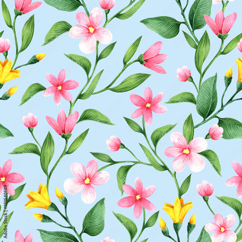 Seamless pattern with decorative flowers. Illustration for the design of fabric, wrapping paper, wallpaper and other.