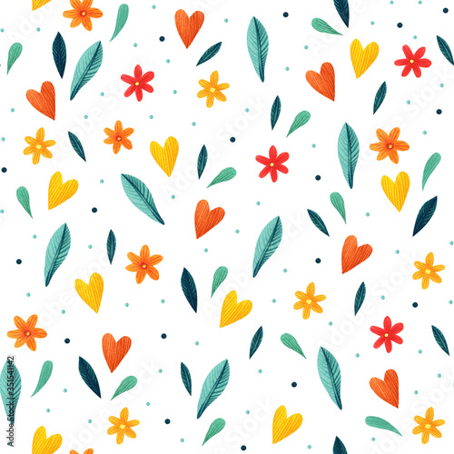 Decorative seamless pattern with decorative flowers and hearts.