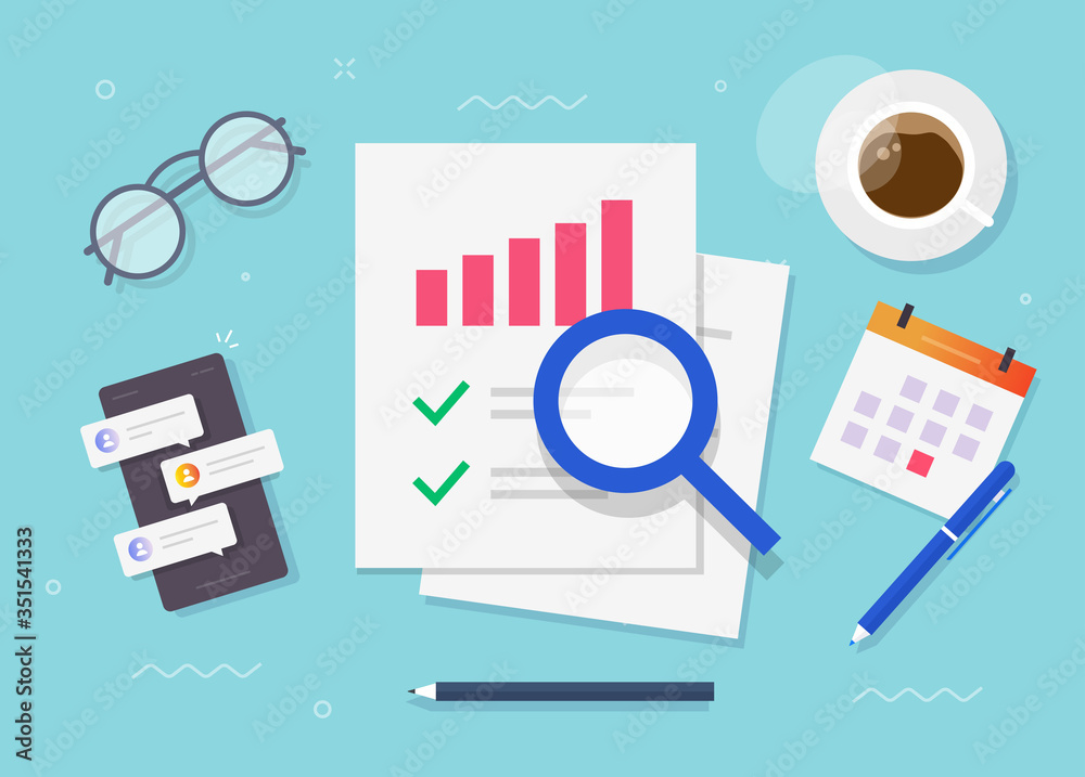 Research of audit report or financial risk access evaluation top view working desk table vector flat cartoon, work place or desktop, sales data reporting check document or business analytics design Research of audit report or financial risk access evaluation top view working desk table vector flat cartoon, work place or desktop, sales data reporting check document or business analytics design