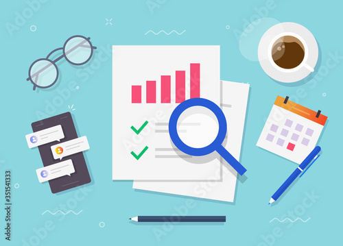 Research of audit report or financial risk access evaluation top view working desk table vector flat cartoon, work place or desktop, sales data reporting check document or business analytics design