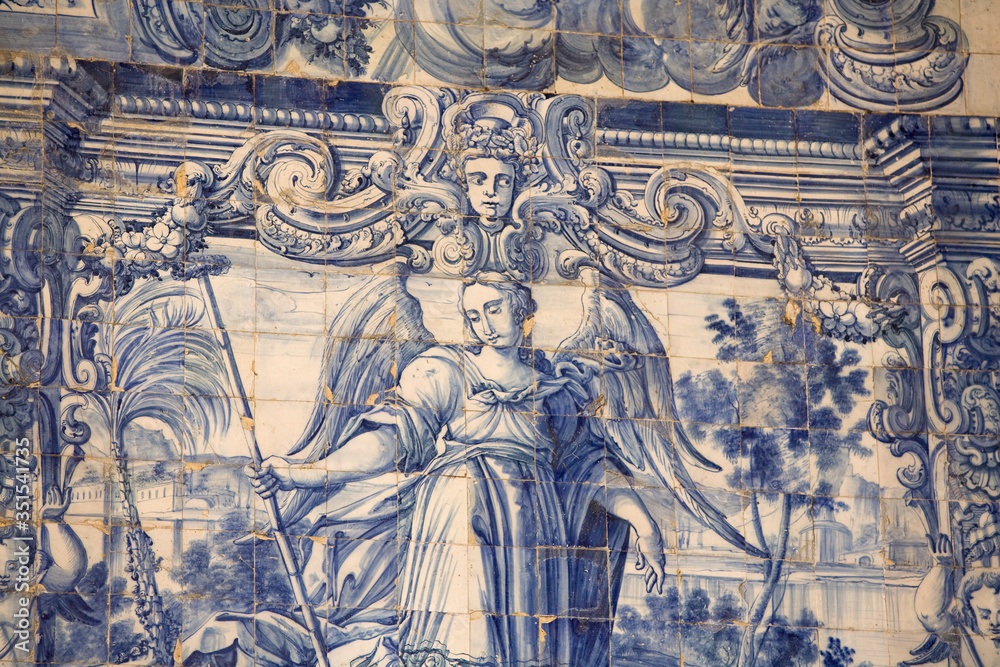 beautiful hand painted azulejos tiles Obidos Portugal. Historic tile panel depicting a scene
