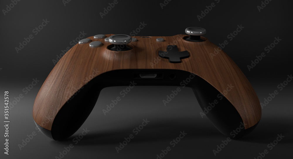 Wood video game controller isolated on darkness background