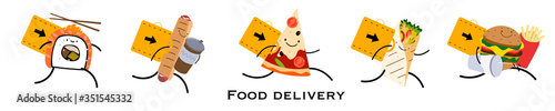 Food delivery. Vector illustration with food that delivers itself, with pizza, pita, sushi, hot dog, hamburger  