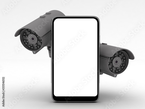 Two CCTV cameras behind a mobile phone on white background photo