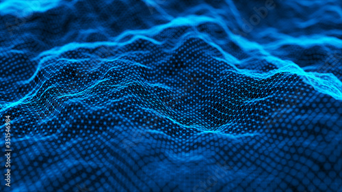 Abstract dynamic wave of points and lines. Perspective grid. Big data. Network of particles. Digital background. 3d rendering.