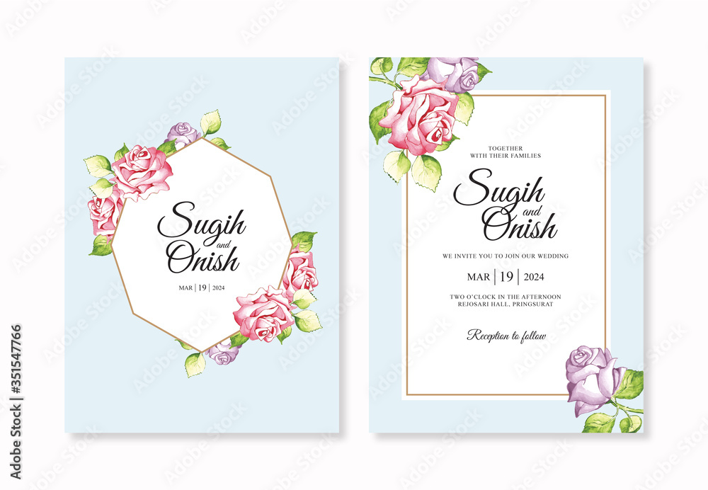 Minimalist wedding invitations set template with floral watercolor painting