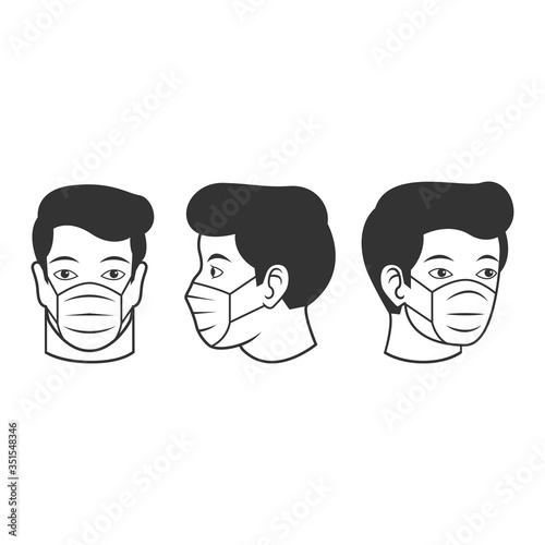 Man in face mask line icon in any pose, vector pictogram of disease prevention. Protection wear from coronavirus, air pollution, dust, flu illustration, sign for medical equipment store.