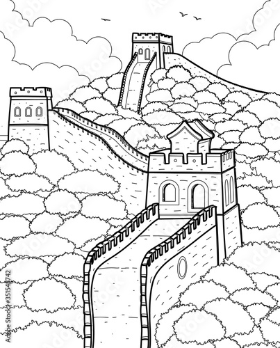 The great Wall of China. Vector linear illustration.