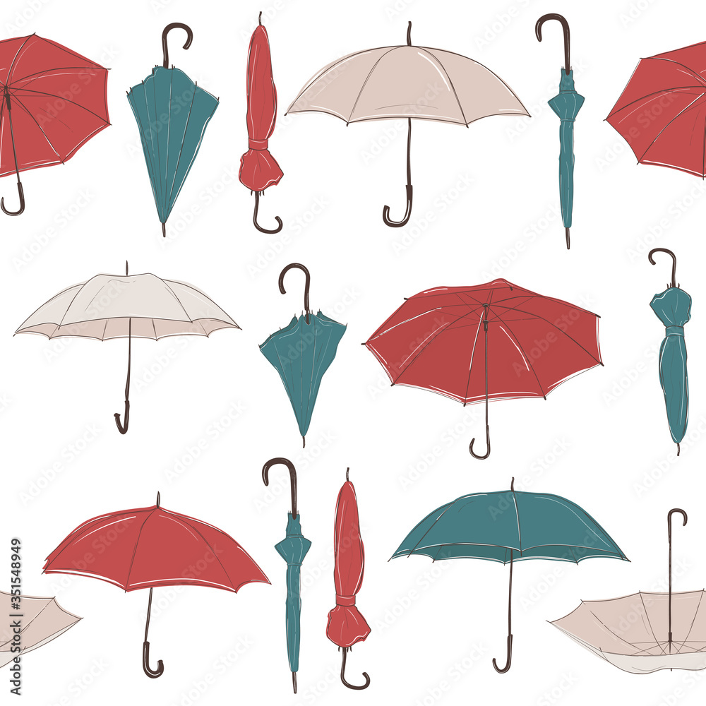 Seamless vector background with straight rows of hand drawn umbrellas in sketch style
