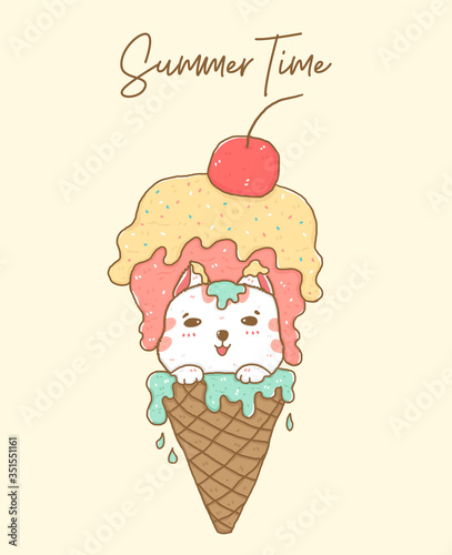 cute white cat head in pastel ice cream cone flat vector illustration, idea for greeting card, children stuff print