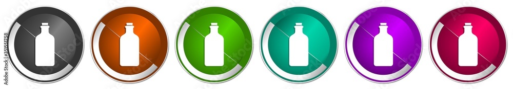 Bottle, drink icon set, silver metallic chrome border vector web buttons in 6 colors options for webdesign Bottle, drink icon set, silver metallic chrome border vector web buttons in 6 colors options for webdesign