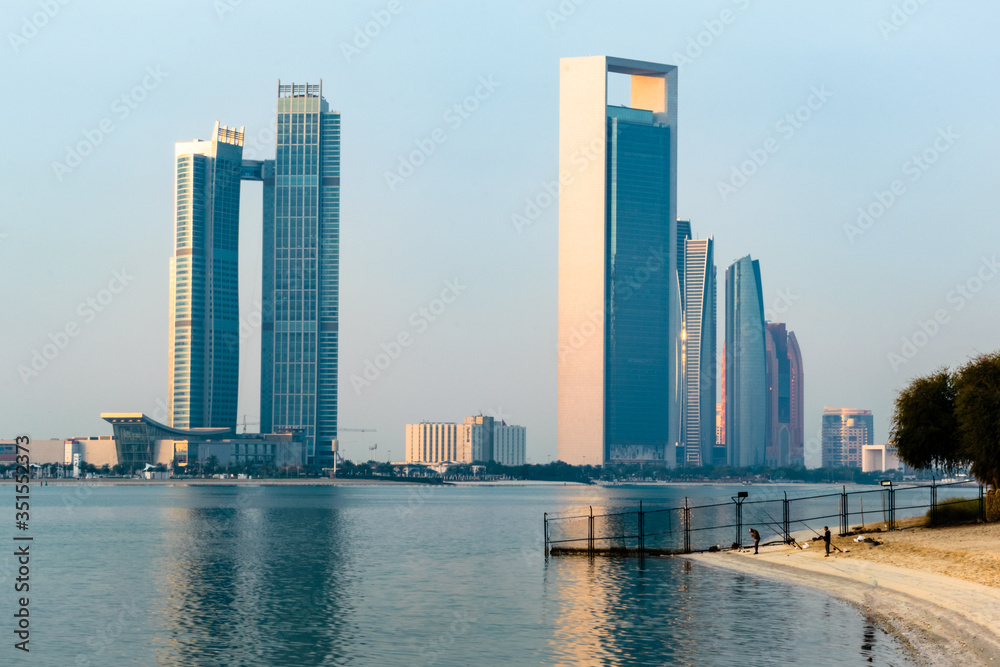 a beautiful sunrise view of Abu Dhabi City from Marina Breakwater Abu Dhabi, UAE, morning, Abu Dhabi sunrise, golden hour